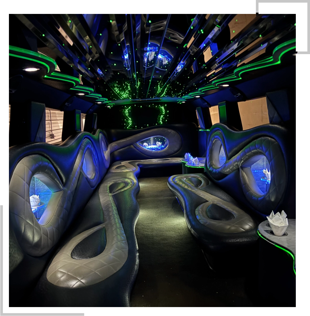 Limousine rental for prom interior featuring blue lighting and sleek seats.